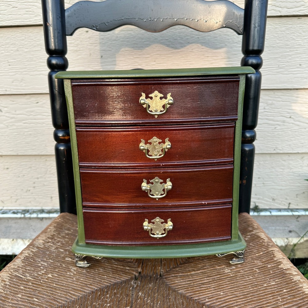 Vintage Wooden Jewelry Box Mini‎ Dresser 4 Drawer Brass Pulls Brass Feet READ